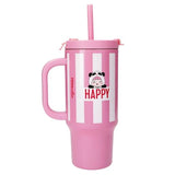 PENfection HAPPY cup with pink and white stripes, handle, fitted lid and pink straw