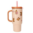 Front view of the PENfection CAPYBARA cup with handle, pink straw and capybara designs