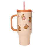 Front view of the PENfection CAPYBARA cup with handle, pink straw and capybara designs