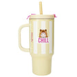Front view of the yellow striped PENfection CHILL cup with handle and straw