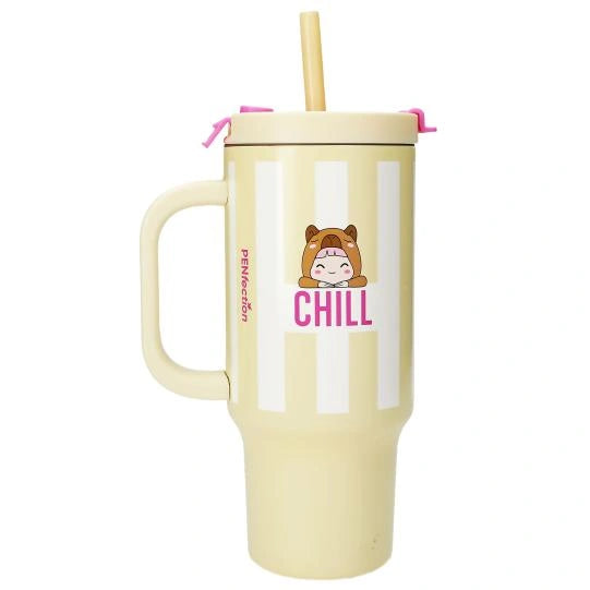 Front view of the yellow striped PENfection CHILL cup with handle and straw