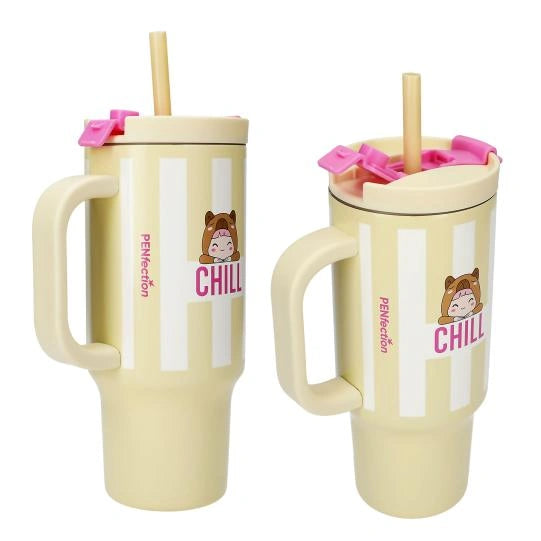 Two angled views of the PENfection CHILL cup showing the handle, straw and pink lid pieces