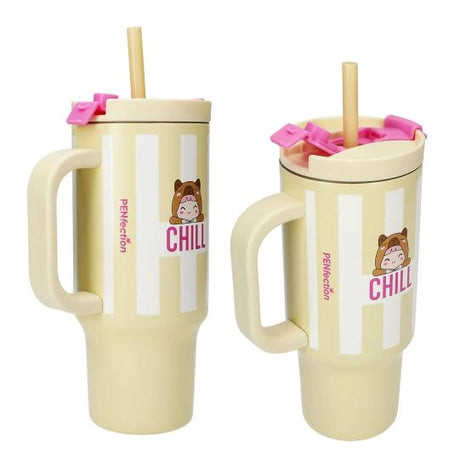 Two angled views of the PENfection CHILL cup showing the handle, straw and pink lid pieces