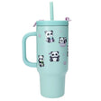 Front view of the turquoise PENfection PANDA cup with handle, straw and panda prints