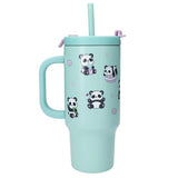 Front view of the turquoise PENfection PANDA cup with handle, straw and panda prints