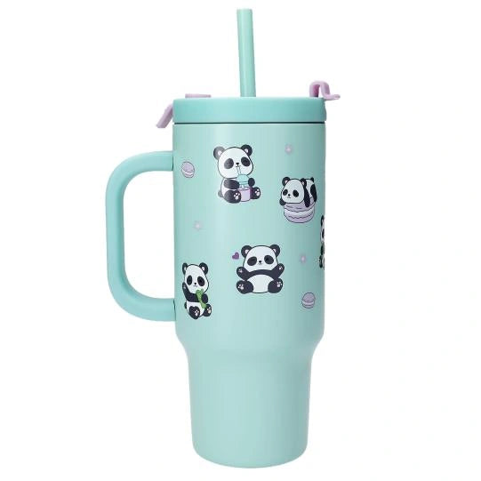 Front view of the turquoise PENfection PANDA cup with handle, straw and panda prints