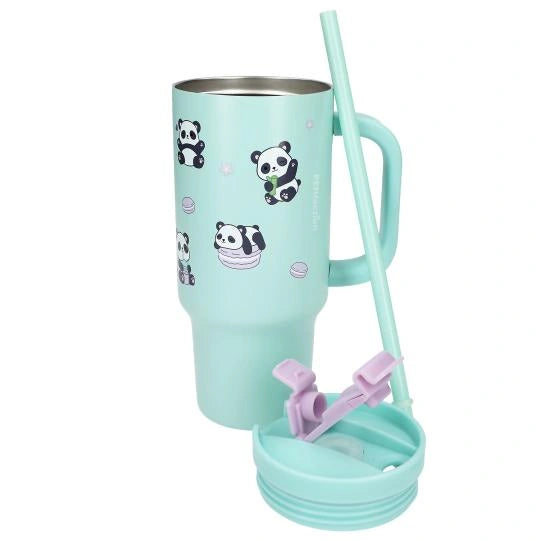 PENfection PANDA cup with the lid and straw removed and placed beside the cup
