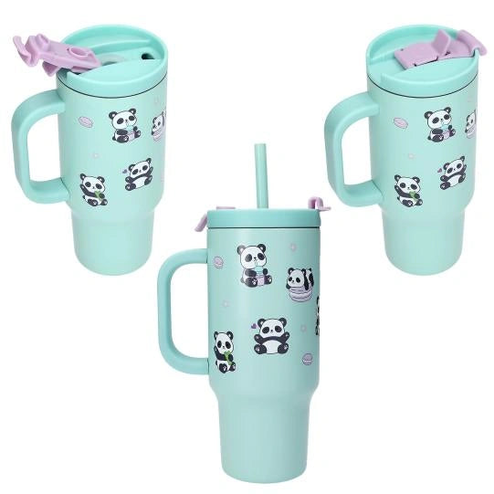 PENfection PANDA cup shown in three views with handle, straw and panda prints