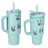 Two angled views of the PENfection PANDA cup showing the handle, straw and panda designs