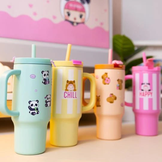 PENfection PANDA cup displayed in front of yellow, peach and pink cup designs 
