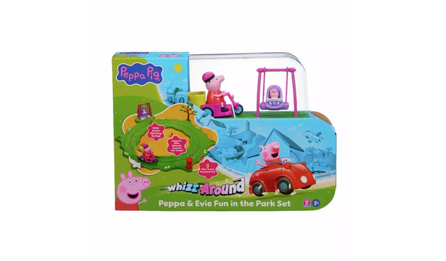 Peppa Pig Whizz-Around Peppa & Evie Fun in the Park Set retail packaging, showing Peppa on her pink bike, Evie in the swing, the green park track and colourful Peppa Pig illustrations on the box.