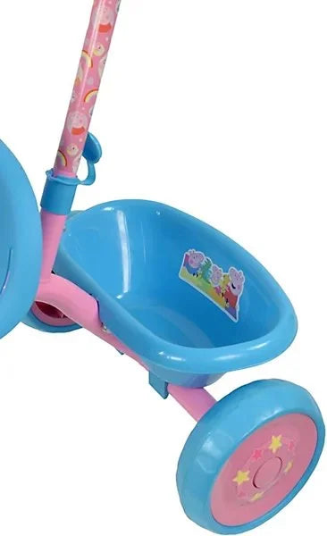 Close-up of the Peppa Pig 53cm Trike rear showing the blue storage bucket with Peppa and George sticker, pink push handle and two blue rear wheels with star-detail pink hubs