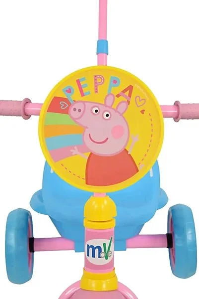 Close-up of the Peppa Pig 53cm Trike handlebar disc featuring a Peppa Pig character illustration with rainbow on a yellow background, with blue front wheel and MoVe branding visible