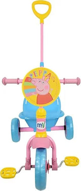 Front view of the Peppa Pig 53cm Trike with Bucket showing yellow Peppa character disc, pink handlebars, blue seat, yellow pedals and blue wheels