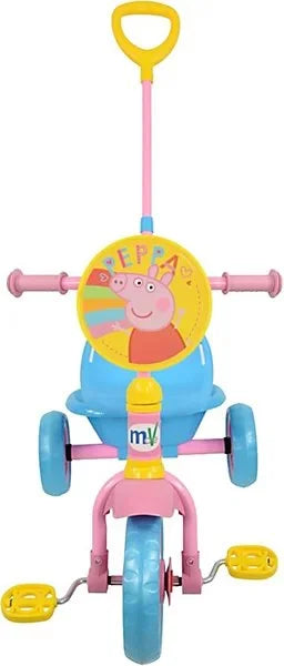 Front view of the Peppa Pig 53cm Trike with Bucket showing yellow Peppa character disc, pink handlebars, blue seat, yellow pedals and blue wheels