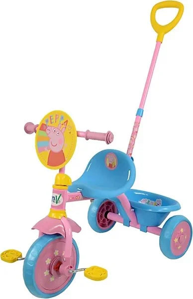 Peppa Pig 53cm Trike with Bucket side view showing pink frame, blue seat and bucket, yellow Peppa handlebar disc, blue wheels with yellow hubs and pink parent push handle