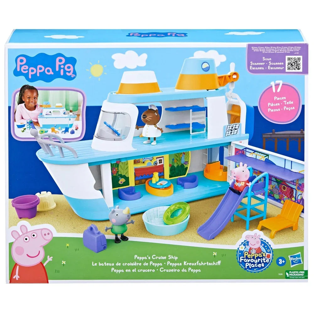 Box of Peppa Pig Cruise Ship playset showing accessories and figures in Ireland