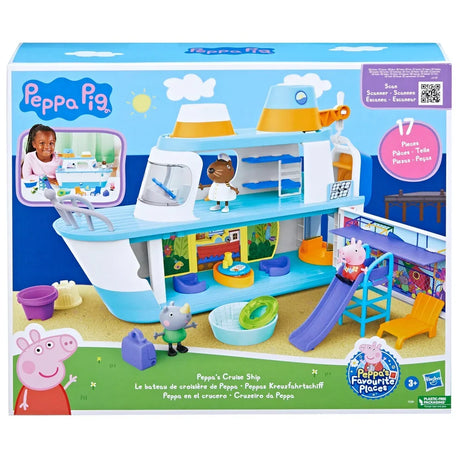 Box of Peppa Pig Cruise Ship playset showing accessories and figures in Ireland