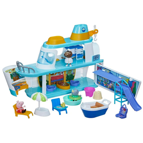 Open Peppa Pig Cruise Ship playset showing interior rooms, figures, and accessories in Ireland