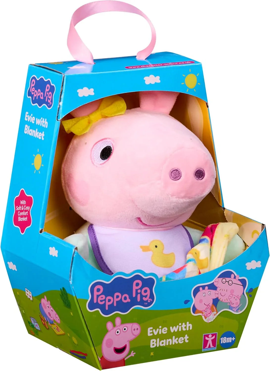 Peppa Pig baby Evie plush toy in colourful gift box holding her soft comfort blanket