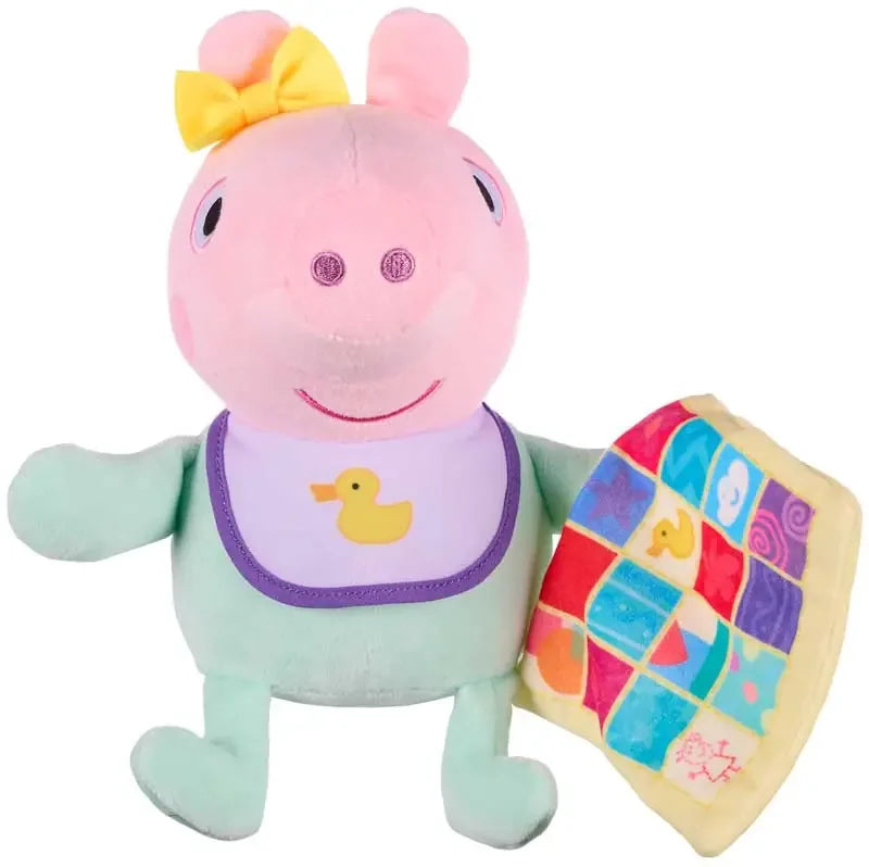 Peppa Pig baby Evie soft toy with yellow bow and patterned comfort blanket on white background