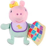 Peppa Pig baby Evie soft toy with yellow bow and patterned comfort blanket on white background