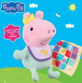 Peppa Pig baby Evie plush holding colourful comfort blanket on bright blue Peppa Pig themed background