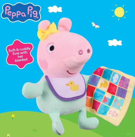 Peppa Pig baby Evie plush holding colourful comfort blanket on bright blue Peppa Pig themed background