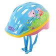 Peppa Pig kids safety helmet in blue and pink shown at an angled view on a white background