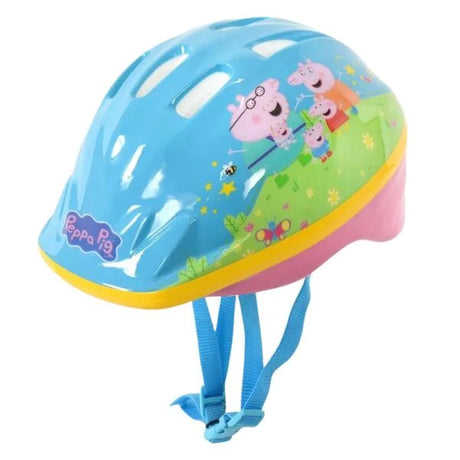 Peppa Pig kids safety helmet in blue and pink shown at an angled view on a white background