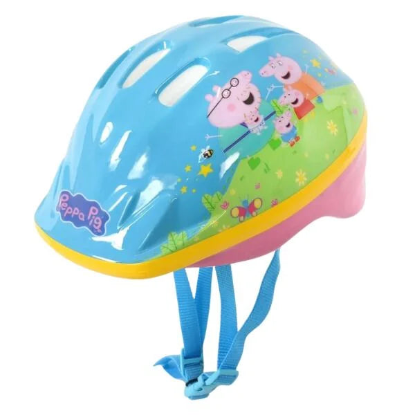 Peppa Pig kids safety helmet in blue and pink shown at an angled view on a white background