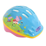 Front view of the Peppa Pig kids helmet with character graphics and blue straps on a white background