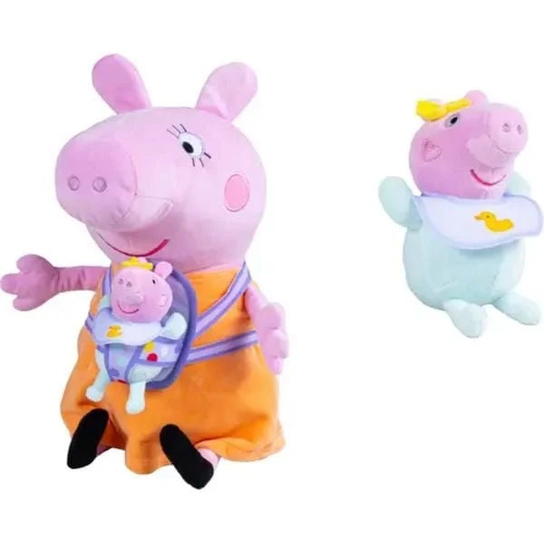 Mummy Pig plush toy shown alongside a separate close-up of the detachable baby pig soft toy in a light blue outfit with yellow duck detail