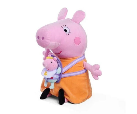 Front angle view of Mummy Pig plush toy in orange dress holding a small baby pig figure in a light blue outfit with yellow duck motif