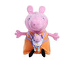 Front-facing view of Mummy Pig plush with arms outstretched, wearing an orange dress with a small baby pig soft toy in a purple carrier on her chest
