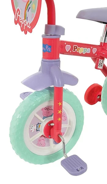 Close up of the Peppa Pig bike front fork, mint front wheel and pedal