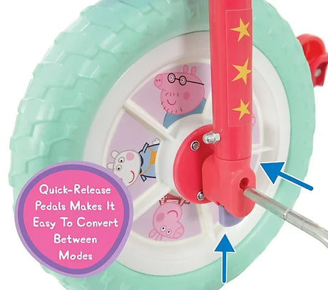 Close up of the Peppa Pig bike quick release pedal beside the front wheel