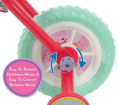 Close up of the Peppa Pig bike rear stabiliser wheel with removal arrows