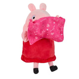 Peppa Pig soft toy holding a pink patterned blanket up across her face