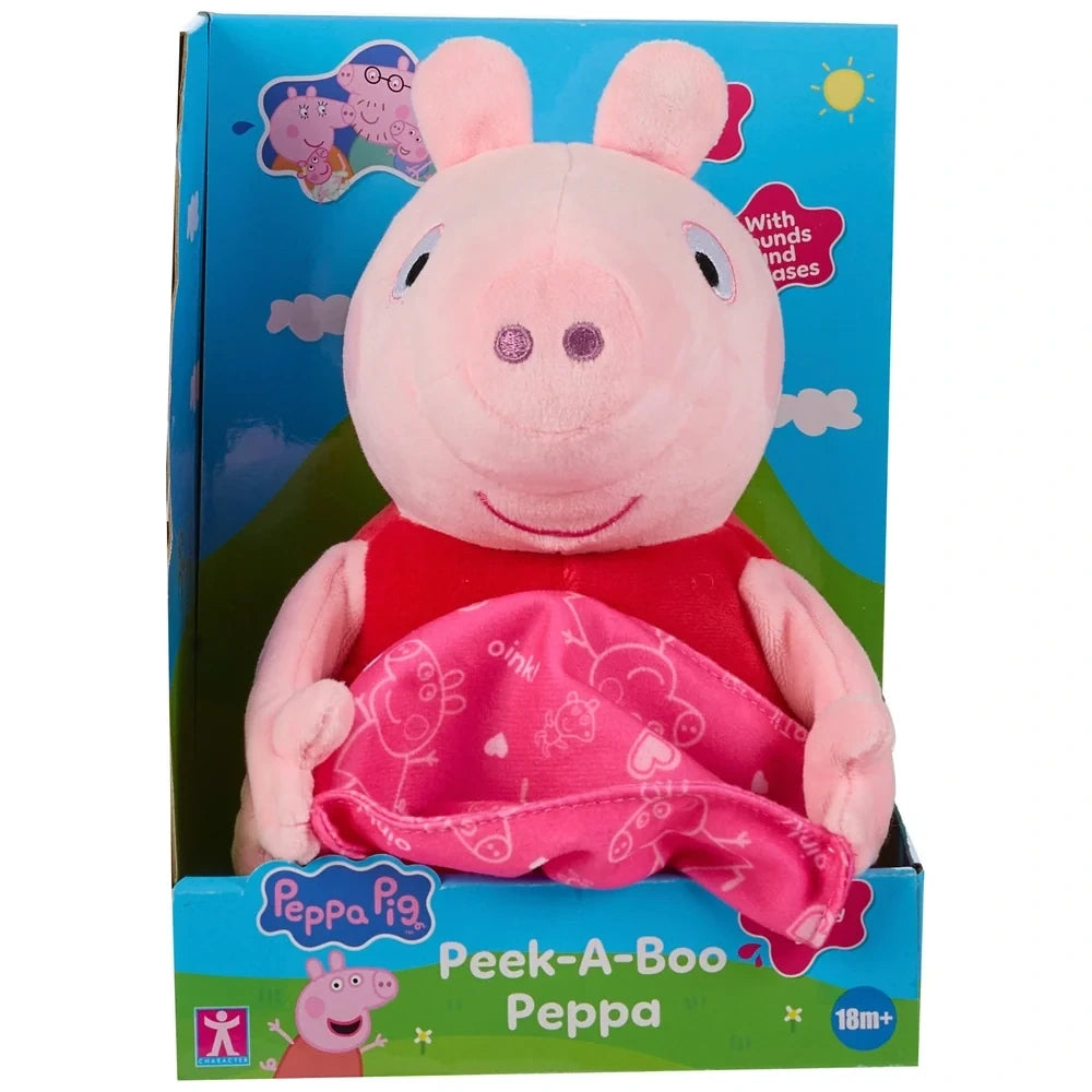 Peppa Pig Peek-A-Boo Peppa soft toy displayed in blue retail packaging with the pink blanket across the front