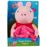 Peppa Pig Peek-A-Boo Peppa soft toy displayed in blue retail packaging with the pink blanket across the front