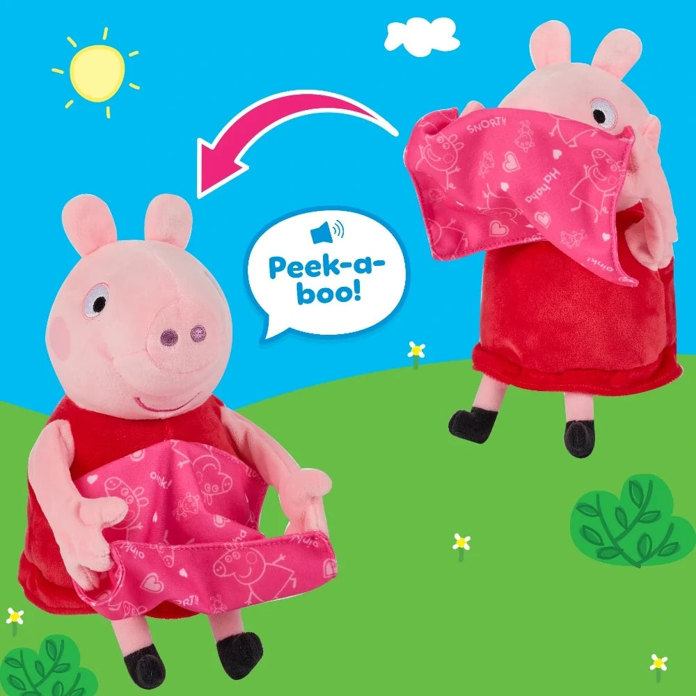 Peppa Pig soft toy shown with the blanket lowered and raised, with an arrow illustrating the peek-a-boo movement