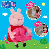 Peppa Pig soft toy holding the pink blanket with callouts for sounds and phrases and moving arms