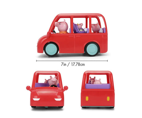 Peppa Pig RC Family Car showing side, front and rear views with 17.78cm length measurement and pig figures inside