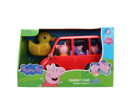 Peppa Pig RC Family Car in retail packaging showing red vehicle with pig figures and yellow duck controller, 3 plus age rating