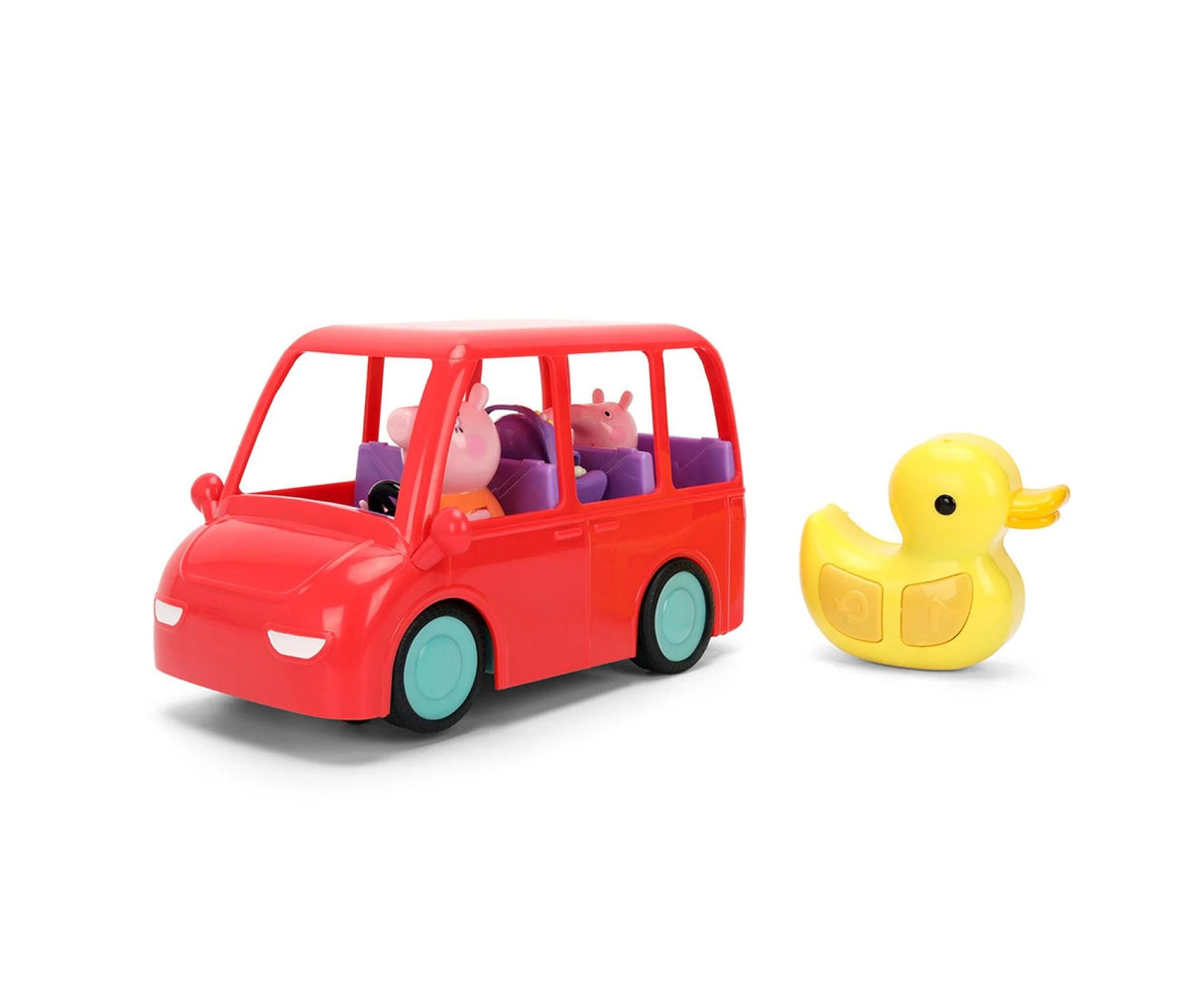 Peppa Pig RC Family Car red vehicle with pig family figures seated inside and yellow duck-shaped 2.4GHz remote controller