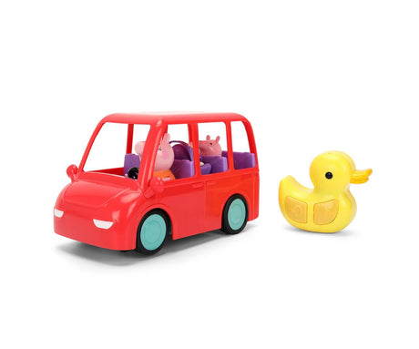Peppa Pig RC Family Car red vehicle with pig family figures seated inside and yellow duck-shaped 2.4GHz remote controller
