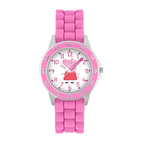 Peppa Pig Time Teacher Watch close-up showing pink numbered bezel, Peppa Pig dial artwork and time teacher hands