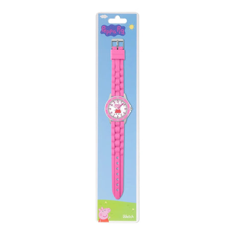 Peppa Pig Time Teacher Watch full packaging view with pink watch, blue Peppa Pig backing card and Peppa Pig artwork