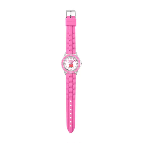 Peppa Pig Time Teacher Watch full strap view with pink silicone strap, buckle fastening and round analogue dial